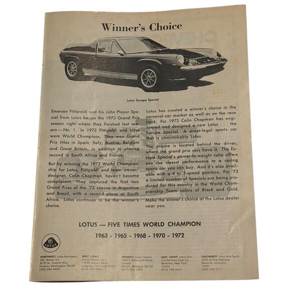 Lotus Europa Special Classic 1973 VTG Original Print Ad 5 Time World Champions - Picture 1 of 7